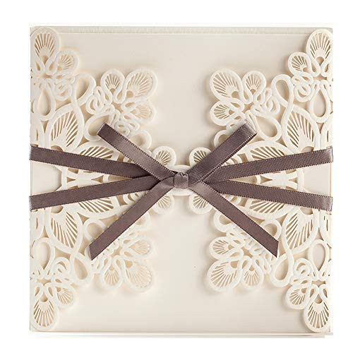 WISHMADE 1 Piece Elegant Blank Printable Laser Cut Wedding Invitations Cards, Quinceanera Baby Shower Engagement Birthday Invites, With Brown Ribbon Bowknot Cardstock WM207