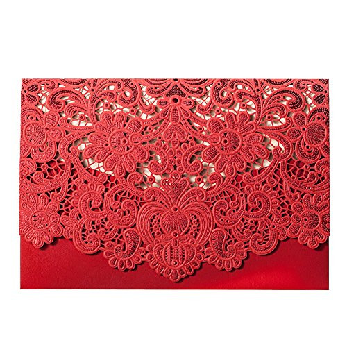 WISHMADE 1 Chinese Style Red Laser Cut Wedding Invitation with Lace Design, Printable Blank Engagement Invites with Envelope, for Bridal Shower Wedding Anniversary CW057