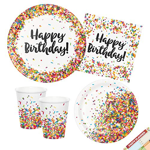 Sprinkles Happy Birthday Party Plates, Napkins, Cups| Party Supplies for Candy Confetti Theme | Serves 16