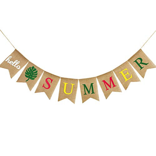 Hello Summer Burlap Banner Rustic Summer Banner with Flamingo Pattern Summer Garland Flag Decoration for Pool Party, Beach Party, Barbecue Party (Color Set 3)