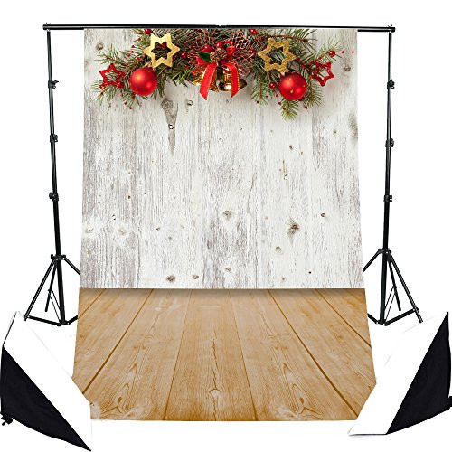 DODOING 3x5ft Village Christmas Bell/Balls/Stars Photography Background Backdrop Wooden Wall Floor for Photo Studio Props 0.9x1.5m