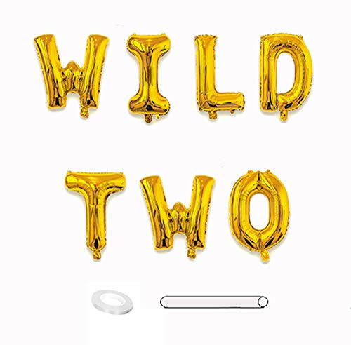 Wild Two Balloons Banner Gold 2nd Birthday Balloon Backdrop 16 in Letters Foil Mylar Balloons Jungle Animals Party Decorations