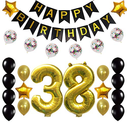 38th Birthday Decorations Party Supplies Happy 38th Birthday Confetti Balloons Banner and 38 Number Sets for 38 Years Old Party(Gold)