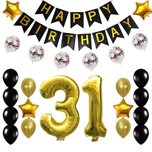 31st Birthday Decorations Party Supplies Happy 31st Birthday Confetti Balloons Banner and 31 Number Sets for 31 Years Old Party(Gold)