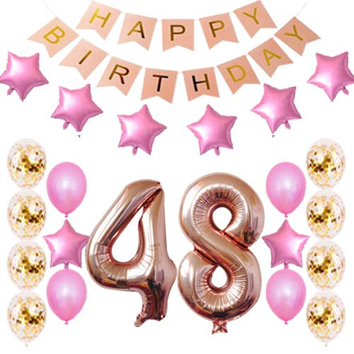 48th Birthday Decorations Party Supplies Happy 48th Birthday Confetti Balloons Banner and 48 Number Sets for 48 Years Old Party-Rose Gold
