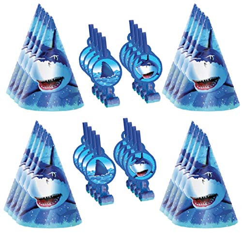 Shark Party Supplies: Set of 16 Shark Hats and 16 Noisemakers for Shark Birthday Party