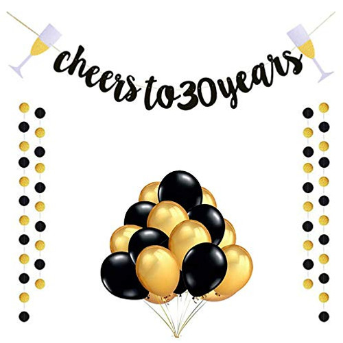 Black Glittery Cheers to 30 Years Banner with 12inch Gold Black Balloons for 30th Birthday Party Wedding Anniversary Party Decorations (30th) Black Glittery Cheers to 30 Years Banner with 12inch Gold Black Balloons for 30th Birthday Party Wedding Anniversary Party Decorations (30th)