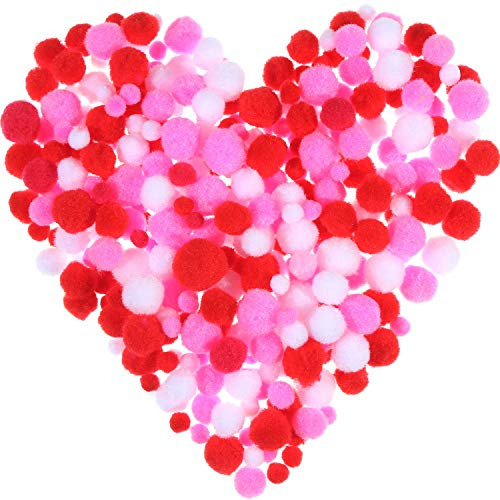 Sumind 300 Pieces Assorted Pom Poms Fluffy Pom Balls Small Craft Pompoms for DIY and Decorations, 3 Sizes (Valentine's Color Set)