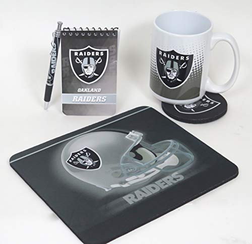 Oakland Raiders Computer Workstation Set. Includes a Neoprene Mouse pad, Coaster, Jumbo 15 oz Coffee Mug, memo pad, and Ballpoint Pen Too, 5 Pieces Set.