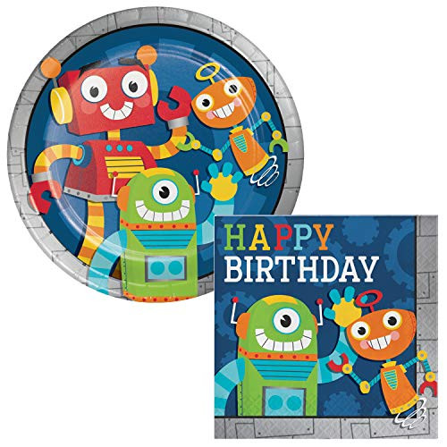 Robot Party Happy Birthday Lunch Plates & Napkins Party Kit for 8