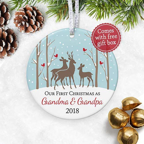 First Christmas Grandma & Grandpa 2018, New Nana Papa Grandparents Christmas Ornament, Deer Family Pregnancy Reveal Keepsake - 3" Flat Ceramic Ornament - Gold & Silver Ribbon + Free Gift Box First Christmas Grandma & Grandpa 2018, New Nana Papa Grandparents Christmas Ornament, Deer Family Pregnancy Reveal Keepsake - 3" Flat Ceramic Ornament - Gold & Silver Ribbon + Free Gift Box