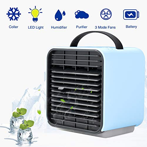 timeway Portable Air Fan, Personal Space Air Cooler,USB Rechargeable Mini Cooling Desktop Fan with LED Light,Humidifier, Purifier 3 in 1 Evaporative Cooler with 3 Speeds,Blue timeway Portable Air Fan, Personal Space Air Cooler,USB Rechargeable Mini Cooling Desktop Fan with LED Light,Humidifier, Purifier 3 in 1 Evaporative Cooler with 3 Speeds,Blue