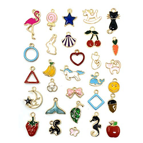 JIALEEY 30PCS Assorted Gold Plated Enamel Animal Moon Star Charm Pendant DIY for Necklace Bracelet Jewelry Making and Crafting