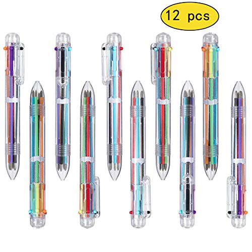 12 Pack Multicolor Pens 0.5mm 6-in-1 Retractable Ballpoint Pens,6 Colors Transparent Barrel Ballpoint Pen