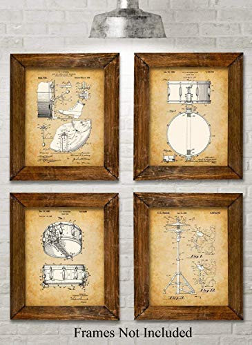 Original Drums Patent Art Prints - Set of Four Photos (8x10) Unframed - Makes a Great Gift Under $20 for Drummers