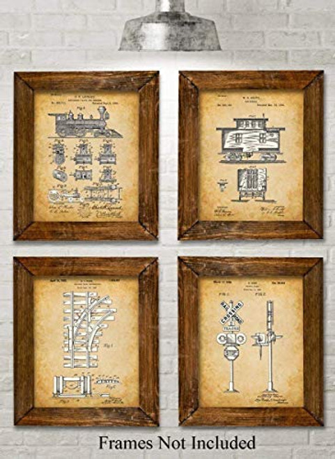Original Railroad Trains Patent Art Prints - Set of Four Photos (8x10) Unframed - Makes a Great Gift Under $20 for Rail Fans