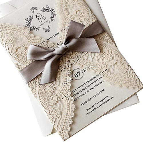 25Pcs Lace Wedding Invitations by Picky Bride Blank Invitation Cards, Silver Ribbon Laser Cut Invitations with Envelopes 125x185mm