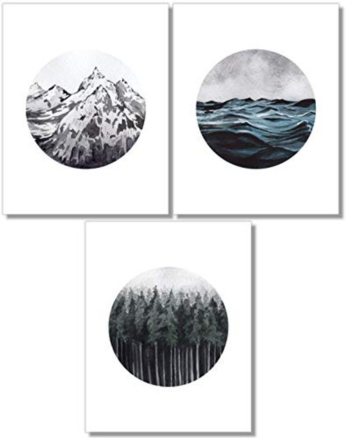 Landscape Wall Art - Mountain Forest Ocean Prints - Set of 3-11x14 - Nature Decor - Unframed