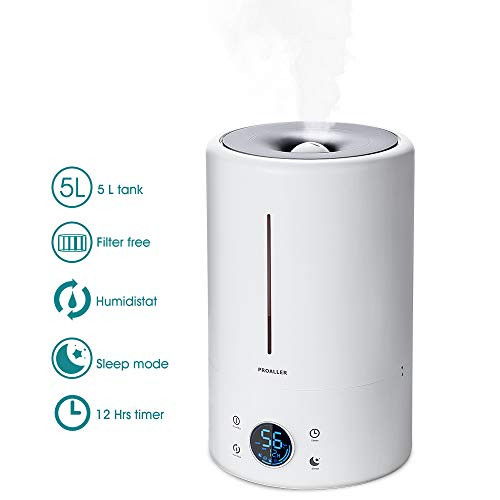 Cool Mist Humidifier Ultrasonic 5L/1.32 Gal for Baby, Bedroom, Home, Filter Free Vaporizer, Humidity Monitor, 12Hrs Timer/Sleep Mode, Whisper-Quiet, Waterless Auto Off, 3 Mist for 30 Hrs Working