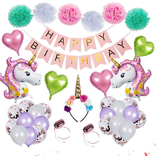 Unicorn Party Supplies, Unicorn Theme Decorations Supplies, Most Complete Birthday decoration set with unicorn headband Happy Birthday Banner, Party Balloons, Paper Flower Streamers for Girls Birthday