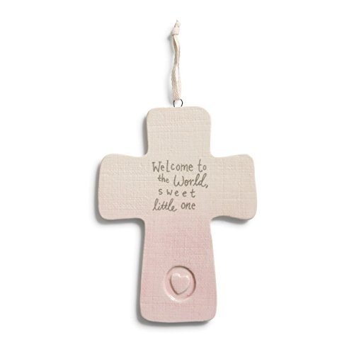 Welcome to The World Cross Pink Ombre 8 x 6 Ceramic Stoneware Baby Keepsake