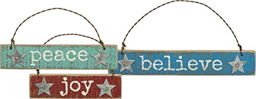 Primitives by Kathy Beach Holiday Wooden Christmas Ornament Set, Believe, Joy, Peace