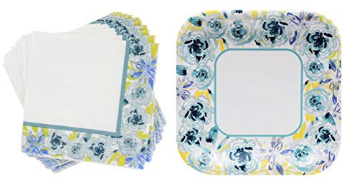 Spring Fling Sentiments Floral Blue Party Paper Bundle Set - 18 Luncheon Napkins + 12 Luncheon Plates