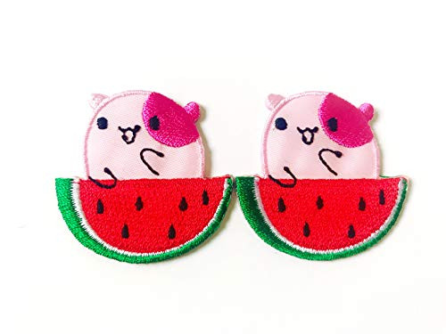 Tyga_Thai Brand Set 2 pcs. Mini Cat Watermelon Cute Cartoon Logo Jacket T-Shirt Sew Iron on Embroidered Applique Badge Sign Patch Clothing etc. (Iron-CAT-Watermelon-Mini)