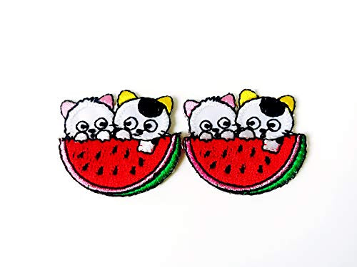Tyga_Thai Brand Set 2 pcs. Mini Cat Kitten Watermelon Cute Cartoon Logo Jacket T-Shirt Sew Iron on Embroidered Applique Badge Sign Patch Clothing etc. (Iron-CAT-Kitten-Watermelon)