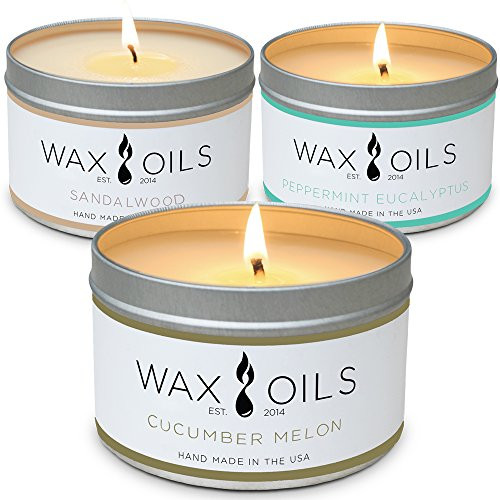 Wax and Oils Soy Wax Aromatherapy Scented Candles (Cucumber Melon, Sandalwood, Peppermint Eucalyptus) 8 Ounces. 3 Pack
