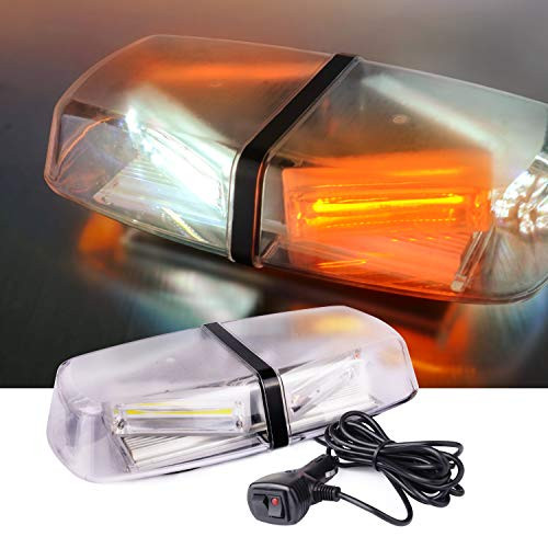 TEBIO (White & Amber Yellow)12V 40W COB LED Emergency Hazard Warning Flash LED Mini Bar Strobe Light with Magnetic Base, for Snow Plow, Police, Firefighters, Trucks, Vehicles