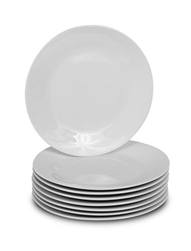 Klikel 8 White Salad Plates | Porcelain Round Dinnerware | 7.5-inch Appetizer or Bread Classic Solid Coupe Style Plate Set