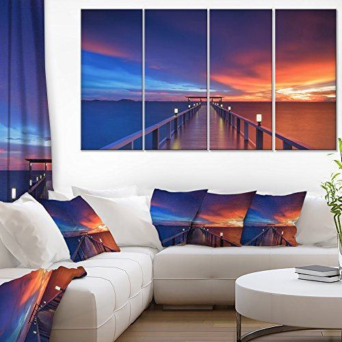 Designart Wooden Pier-Seascape Photography Canvas Art Print-48x28-4 Panels, 28'' H x 48'' W x 1'' D 4P Blue Designart Wooden Pier-Seascape Photography Canvas Art Print-48x28-4 Panels, 28'' H x 48'' W x 1'' D 4P Blue