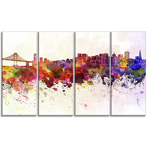 Designart 4 Panel San Francisco Skyline Cityscape PT6561-271 Canvas Artwork Print-48x28-4, 28'' H x 48'' W x 1'' D 4P, Purple Designart 4 Panel San Francisco Skyline Cityscape PT6561-271 Canvas Artwork Print-48x28-4, 28'' H x 48'' W x 1'' D 4P, Purple
