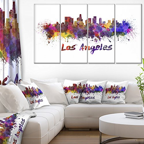 Designart Los Angeles Skyline-Cityscape Canvas Artwork Print-48x28-4 Panels, 28'' H x 48'' W x 1'' D 4P, Purple Designart Los Angeles Skyline-Cityscape Canvas Artwork Print-48x28-4 Panels, 28'' H x 48'' W x 1'' D 4P, Purple