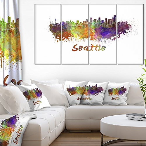 Designart Seattle Skyline-Cityscape Canvas Artwork Print-48x28-4 Panels, 28'' H x 48'' W x 1'' D 4P, Purple Designart Seattle Skyline-Cityscape Canvas Artwork Print-48x28-4 Panels, 28'' H x 48'' W x 1'' D 4P, Purple