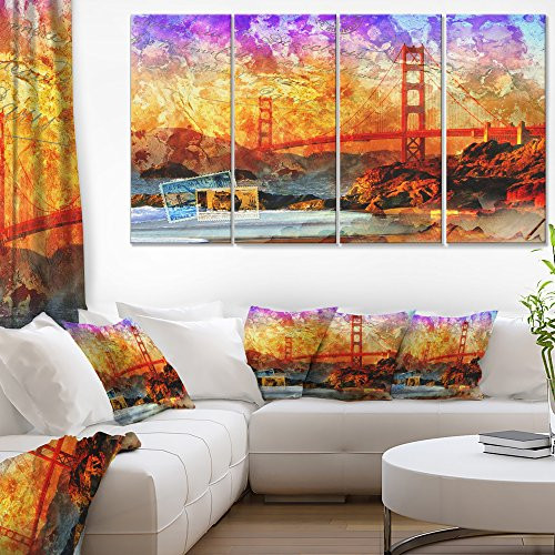 Designart San Francisco Bridge-Contemporary Canvas Art Print-48x28-4 Panels, 28'' H x 48'' W x 1'' D 4P Yellow Designart San Francisco Bridge-Contemporary Canvas Art Print-48x28-4 Panels, 28'' H x 48'' W x 1'' D 4P Yellow