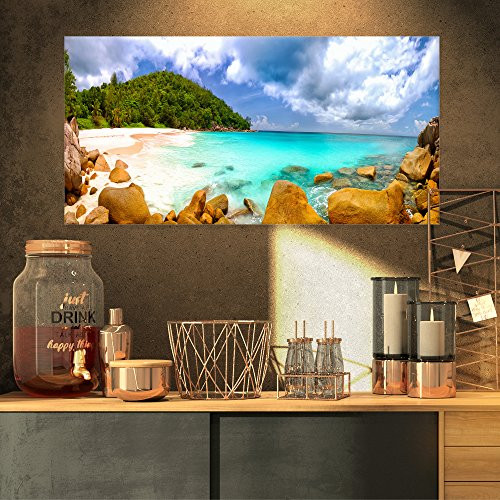 Design Art PT9442-32-16 Seychelles Beach Panorama Seascape Photo Canvas Art Print 32x16 Blue Design Art PT9442-32-16 Seychelles Beach Panorama Seascape Photo Canvas Art Print 32x16 Blue