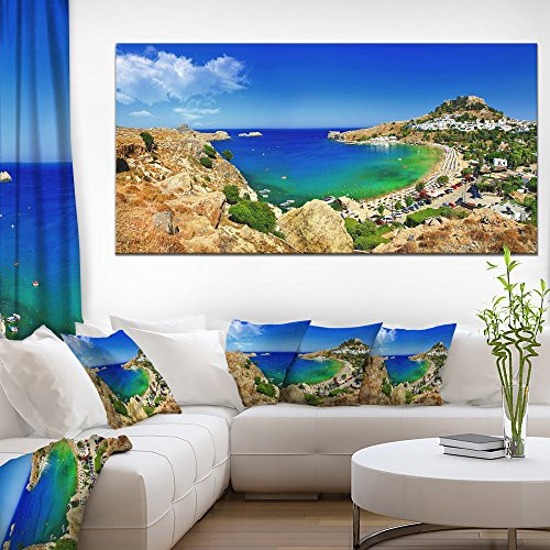 Designart PT9511-60-28 Lindos Bay Greece Panorama Landscape Photo Canvas Print (1 Piece), 28'' x 60'' x 2'', Blue Designart PT9511-60-28 Lindos Bay Greece Panorama Landscape Photo Canvas Print (1 Piece), 28'' x 60'' x 2'', Blue