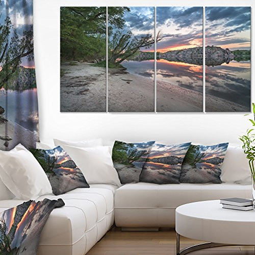 Designart Sunset at River with Large Rock-Landscape Photo Canvas Art Print-48x28 4 Piece, 28'' H x 48'' W x 1'' D 4P, Blue