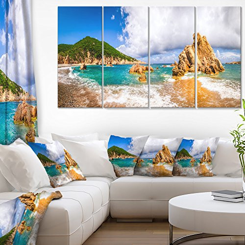 Designart Scenic Costa Paradiso-Seashore Photo Canvas Art Print-48x28 4 Piece, 28'' H x 48'' W x 1'' D 4P Blue