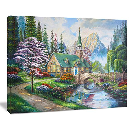 Designart PT8531-20-12 Church in Forest Oil Landscape Painting Canvas Print-20x12, 12" H x 20" W x 1" D 1P