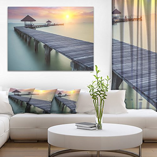 Designart PT9331-20-12 Wooden Sea Bridge and Sunset-Seashore Photo Canvas Print-20x12, 12" H x 20" W x 1" D 1P, Blue