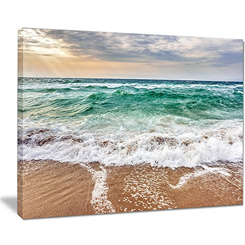 Designart PT10550-20-12 Crystal Clear Blue Foaming Waves-Seashore Canvas Wall Art-20x12, 12" H x 20" W x 1" D 1P, Green