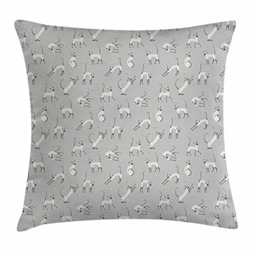 Ambesonne Grey Throw Pillow Cushion Cover, Cute Siamese Cat on Wall Design Playing and Posing Feline Asian Kitty Animal Design, Decorative Square Accent Pillow Case, 20 X 20 Inches, Pale Grey