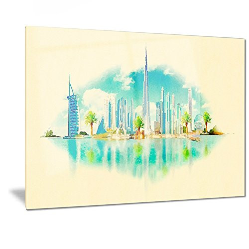 Designart Dubai Panoramic View-Cityscape Watercolor Metal Wall Art-MT7388-28x12, 12'' H x 28'' W x 1'' D 1P Designart Dubai Panoramic View-Cityscape Watercolor Metal Wall Art-MT7388-28x12, 12'' H x 28'' W x 1'' D 1P