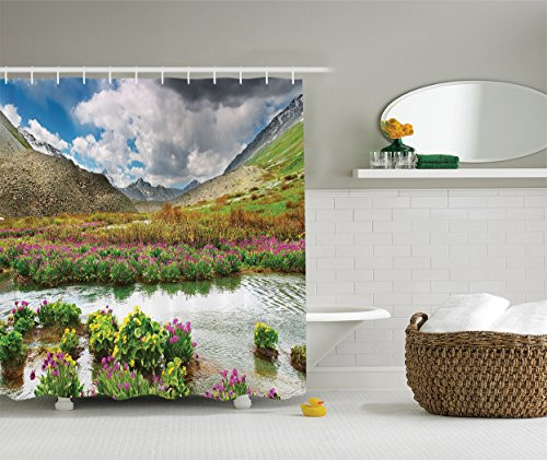 Ambesonne Highlands Nature Landscape Decor Collection, Mountain Valley with Blooming Flowers and Springtime Design, Polyester Fabric Bathroom Shower Curtain, 84 Inches Extra Long, Purple Green Ecru