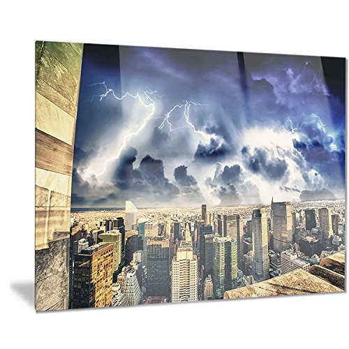 Designart Storm Above Manhattan Skyscrapers-Cityscape Photo Metal Wall Art-MT8307-28x12, 12'' H x 28'' W x 1'' D 1P Designart Storm Above Manhattan Skyscrapers-Cityscape Photo Metal Wall Art-MT8307-28x12, 12'' H x 28'' W x 1'' D 1P
