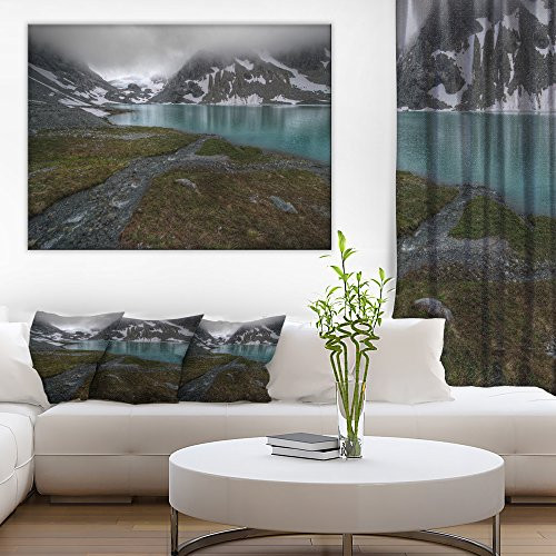Designart Turquoise Mountain Lake with Clouds Artwork Canvas Print 12" H x 20" W x 1" D 1P Green
