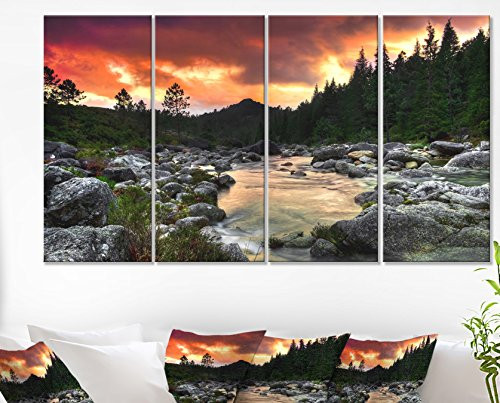 Designart Rocky Mountain River at Sunset-Extra Large Wall Art Landscape-48x28 4 Piece-PT10914-271, 28'' H x 48'' W x 1'' D 4P